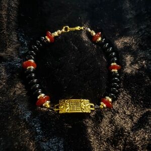 Obsidian and Agate Bracelet with Gold Luck Charm and Lobster Claw Closure